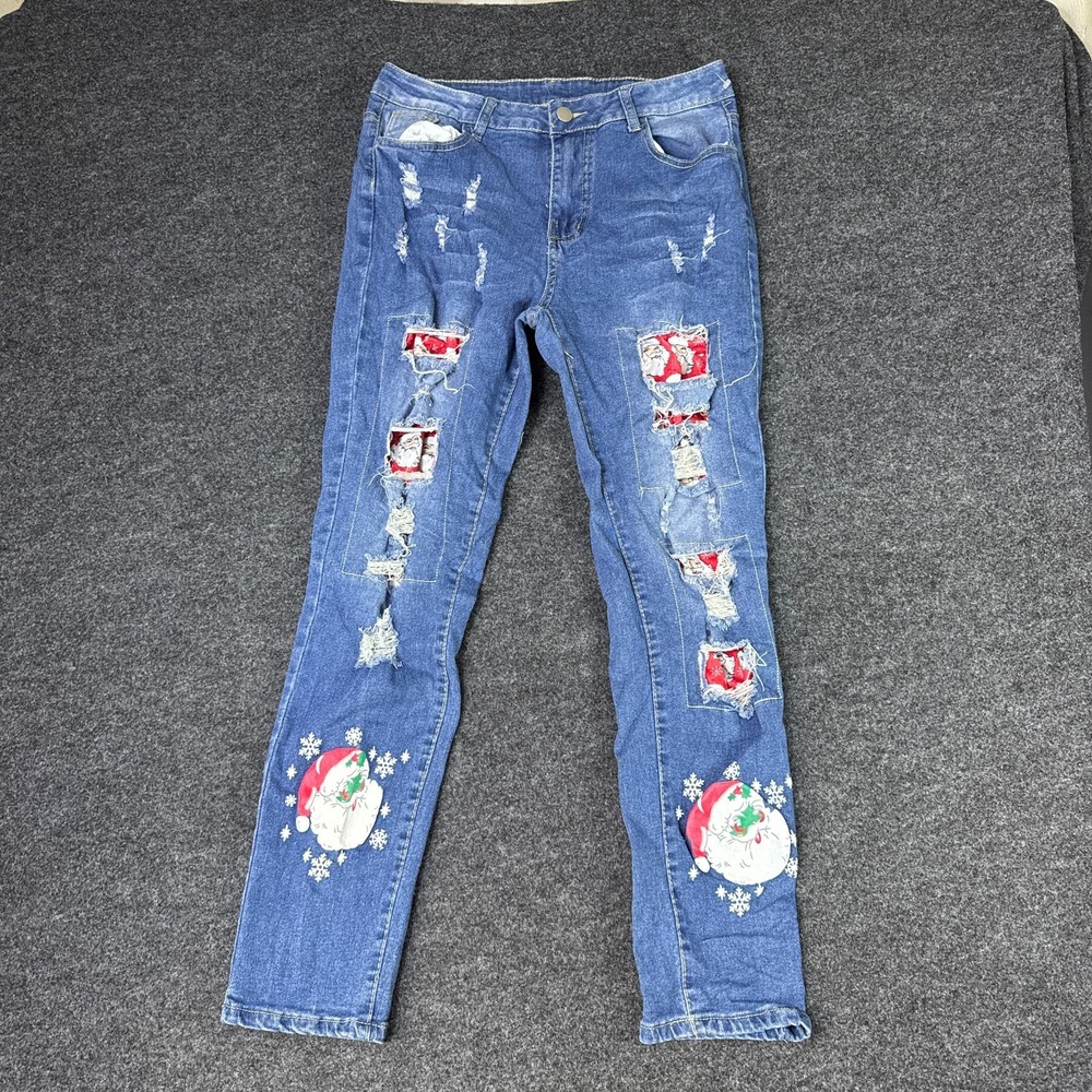 Womens Jeans Large Blue Denim Distressed Cotton Stretch Light Wash Skinny Leg